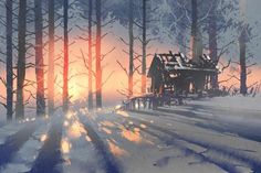 a digital painting of a winter scene with a cabin in the woods at sunset or sunrise