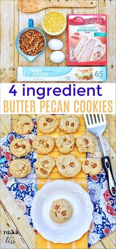 four ingredient butter pecan cookies on a wooden table