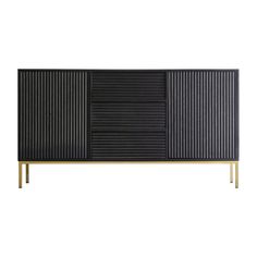 a black and gold sideboard against a white background, with vertical lines on the sides