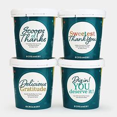 four ice cream cups with the words scoops of thanks and congratulations written on them