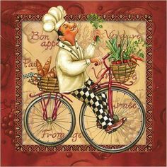 a painting of a chef riding a bike with flowers in the basket on it's front wheel