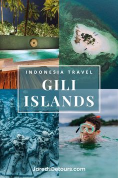 indonesia travel guide with pictures of the island and surrounding it, including an over head view of