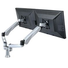 two monitors are connected to each other on the same wall mounted monitor holder, with one arm extended