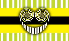 a green and yellow striped background with an image of a smiley face in the center