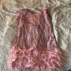 This Fun Pink Dress Has Tassels All Over With Sequence, And Feathers At The Bottom. It Is Sized As A Large And The Straps Are Adjustable. Brand New, Never Warn Flapper Dress For Spring Party, Flapper Style Spring Party Dress, Flapper Style Party Dress For Spring, Flapper Style Dress For Spring Party, Pink Fringe Cocktail Dress, Sparkly Costume, Fancy Black Dress, Lime Green Shorts, Tassel Dress