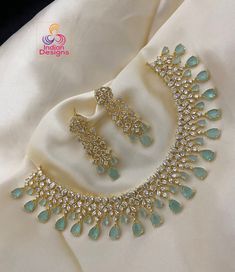 High quality American Diamond necklaces in Rose gold polish with Mint green stones. Green Wedding Jewelry, Mint Green Jewelry, Mint Green Necklace, Desi Jewelry, Simple Necklace Designs, Neck Pieces Jewelry, Stone Necklace Set, Green Stone Necklace, American Diamond Necklaces