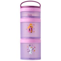 three plastic containers with frozen princess stickers on the lids, one purple and one pink