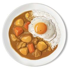 an egg is on top of some kind of stew