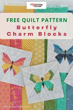 Free Quilt Pattern - Butterfly Charm Quilt Blocks Butterfly Paper Piecing Patterns Free, Butterfly Foundation Paper Piecing, Paper Piecing Free Patterns Printables, Paper Pieced Butterfly Free Pattern, Butterfly Quilt Patterns Free, Butterfly Quilt Block Pattern Free, Mini Quilts Patterns Free Paper Piecing, Paper Peicing Patterns Easy, Quilting Paper Piecing Patterns Free