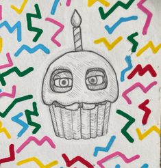 a drawing of a birthday cupcake surrounded by confetti