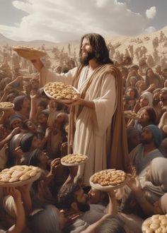 jesus holding trays of cookies while standing in front of a large group of people