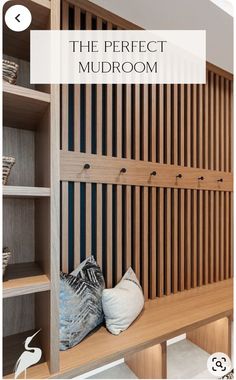 Wood Slat Mudroom, Drop Station Entryway Small Spaces, Mudroom Floating Bench, Midcentury Modern Mudroom Entryway, Mudroom Stairs Entryway, No Mudroom Solution, Small Mud Room Ideas Entryway Garage, Fun Mudroom, Modern Mudroom Design