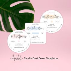 three white discs with the words candle dust cover templates next to a green leaf on a pink background