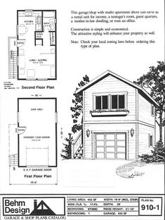 the floor plan for a two story house with garage and living room, including an upstairs bedroom