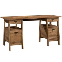 a wooden desk with two drawers on each side