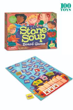 the stone soup board game is on display next to it's box and its contents