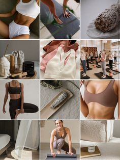 a collage of photos with women doing yoga and other things to do in the background