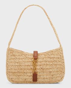 Saint Laurent "Le 5 À 7" hobo bag in raffia    Flat shoulder strap Golden hardware   Open top with signature YSL logo strap    Approx. 7.5"H x 4.5"W x 1.8"D   Imported Ysl Straw Bag, Saint Laurent Raffia Bag, Luxury Jute Straw Bag, Rectangular Shape, Luxury Raffia Bag, Basket-shaped Rattan Shoulder Bag With Woven Leather, Ysl Logo, Summer Handbags, Woven Raffia, Raffia Bag