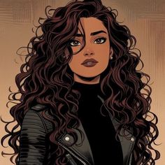 an illustration of a woman with long curly hair wearing a black top and leather jacket