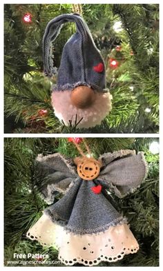 an angel ornament hanging on a christmas tree in two different pictures, one is made out of yarn and the other has a button