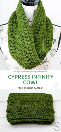 a green knitted scarf on top of a mannequin headband with the words cypress infinity below it