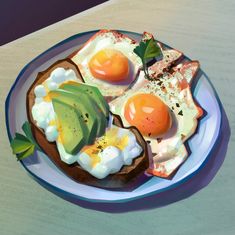 a plate with eggs, avocado and toast on it