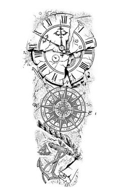 an ink drawing of a clock and anchor