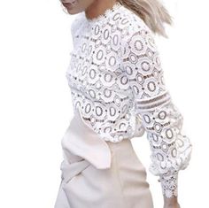 Chic White Long Sleeve Crew Neck Top, Chic White Crew Neck Long Sleeve Top, Casual Long Sleeve Lace Top, Fall Long Sleeve Lace Top With Lace Collar, Casual Long Sleeve Lace Blouse, Casual Long Sleeve Lace Top With Lace Collar, Fall Blouse With Long Lace Sleeves, Fall Long Sleeve Blouse With Lace Sleeves, Fall Lace Patchwork Long Sleeve Blouse