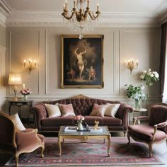 a living room filled with furniture and a chandelier