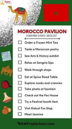 the morocco pavillon checklist is shown in red, white and green colors