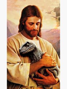 jesus holding a baby dinosaur in his arms