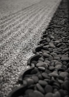 black and white photograph of gravel lined road