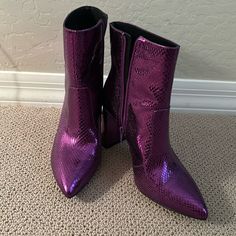 Inc International Concept Boots- Anila Ankle Boots, Metallic Snake Skin Purple, Size 9-1/2 New Condition- Never Worn 3.5 Inch Heels Purple Pointed Toe Heeled Boots For Winter, Purple High Heel Boots Medium Width, Purple Pointed Toe Winter Boots, Purple Ankle Heeled Boots For Fall, Fall Purple Ankle Heeled Boots, Snake Skin Boots, Shoes Closet, Purple Snake, Ankle Rain Boots