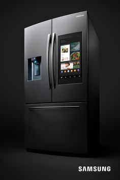 an image of a samsung app on the side of a refrigerator with water dispenser