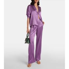 New ! Size 0 Inseam 33 In Waist 26 In 100% Silk Made In China Dry Clean Only Zip Fly With Hook And Bar Closure Side Seam Pockets Satin Fabric Item Not Sold As Set Our Style No. Tsex-Wp33 Manufacturer Style No. Ts-6000 1282 The Sei Wide Leg Trouser Pants Amethyst Purple Silk 0 Nwt $621 White Jogger Pants, Tapered Sweatpants, Gray Cheetah Print, Blue Scrubs, Blouse Material, Purple Silk, Silk Pants, Amethyst Purple, Satin Top