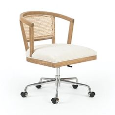 an office chair with wheels and a cushion on the back is shown in front of a white background