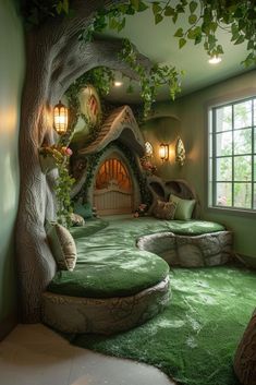 a room with green carpeted flooring and a tree in the corner that looks like a hobbot