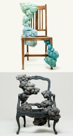 two different chairs and one is made out of rocks, with the same chair as it appears