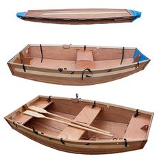 two wooden boats with oars and paddles on the bottom one is empty, the other has blue trim