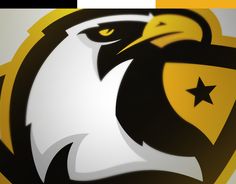 an eagle logo with a star on the center is shown in black and yellow colors