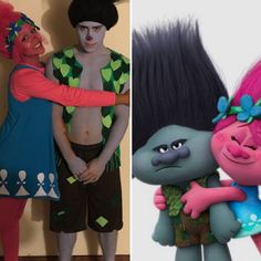 two pictures of people dressed in costumes and one has pink hair, the other is blue