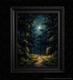 a painting of a forest at night with the moon in the sky and stars above it