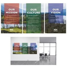 three vertical banners with the words our mission, our vision and our vision on them