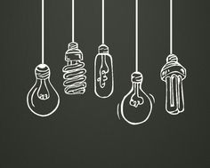 five light bulbs hanging from strings with one bulb turned upside down and the other turned on