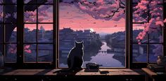 a cat sitting on a window sill looking out at the sunset