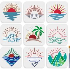 six different logos with the sun, water and trees