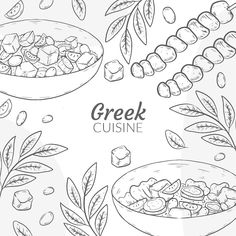 the greek cuisine is depicted in this black and white drawing, with ingredients to make it