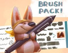 a cartoon bunny holding a large pencil and writing on it's back with the caption brush pack