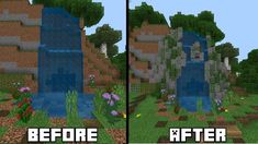 the before and after photos of a waterfall in minecraft