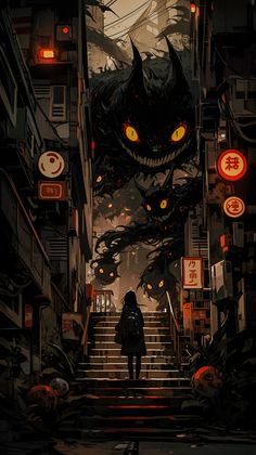 a person walking up some stairs in front of an evil monster with glowing eyes and yellow eyes